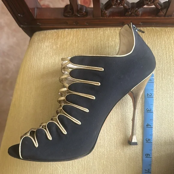 Brian Atwood Naiya Black and Gold Silk Crepe Peep-Toe High-Heel Bootie Size EU42 - Picture 6 of 16
